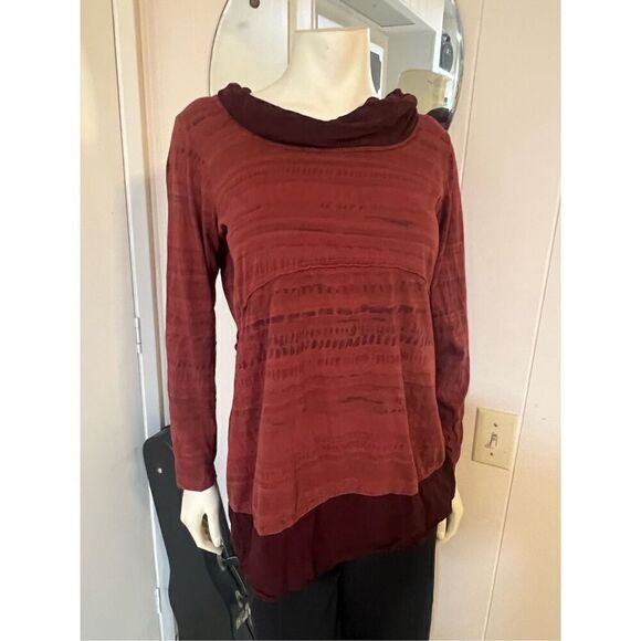 CMC Color Me Cotton Mixed Media Burgundy & Rust 100% Cotton Empire Waist Tunic W - Picture 1 of 5